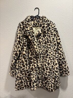 SHEIN Leopard Print Faux Fur Coat in Cream, Brown, Black